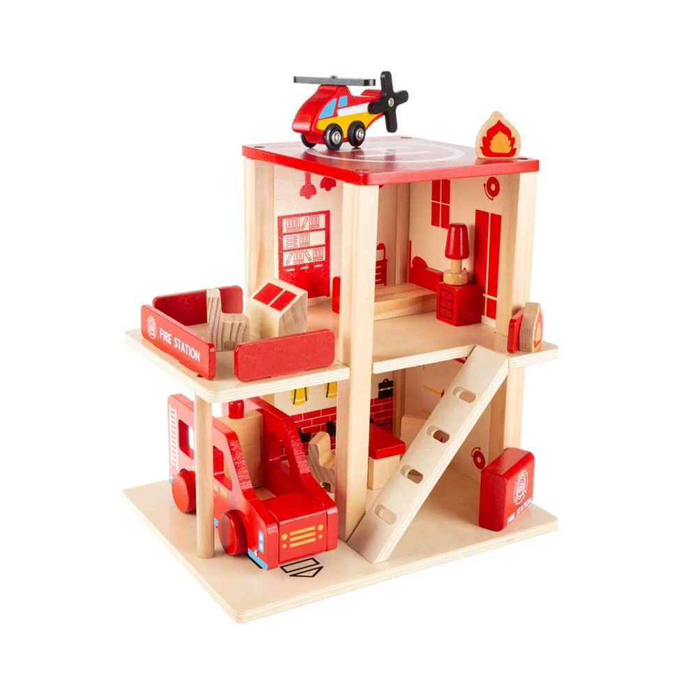 商品Trademark Global|Hey Play Fire Station Playset - Wooden Firehouse, Truck, Helicopter And Fun Firefighting Accessories, 3-Level Pretend Play Dollhouse,价格¥225,第1张图片