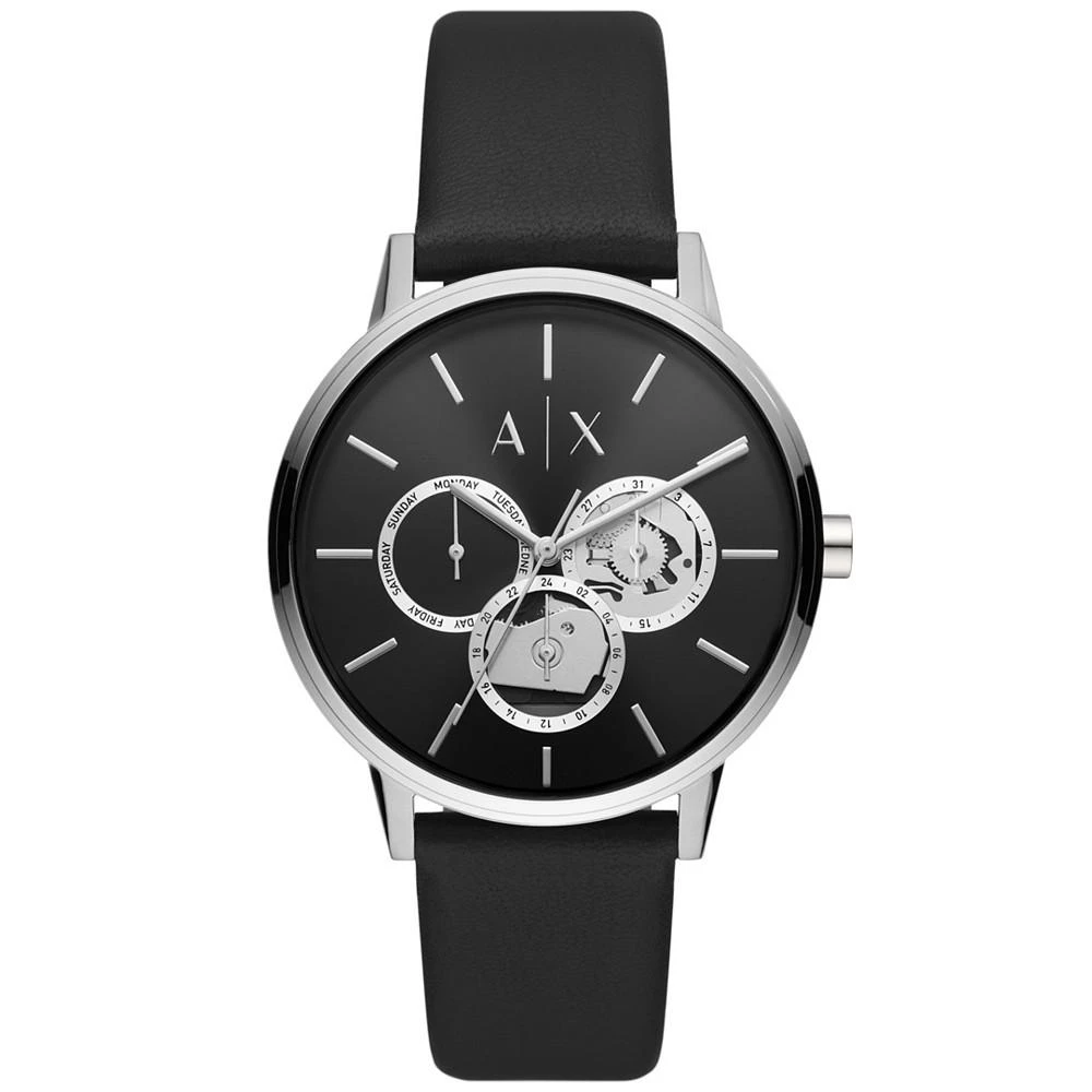 商品Armani Exchange|Men's Multifunction Black Leather Strap Watch,价格¥1130,第1张图片