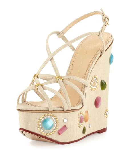 商品Charlotte Olympia|Elizabeth Jeweled Wedge Sandals, Natural,价格¥4896,第2张图片详细描述