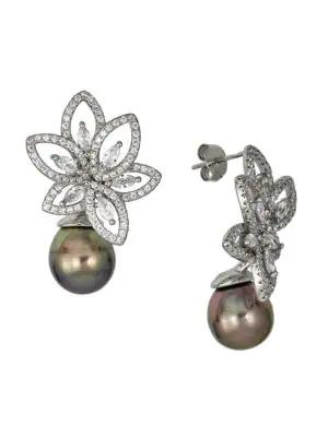 925 Sterling Silver, Cubic Zirconia & 10-11MM Tahitian Pearl Drop Earrings商品第1张图片规格展示