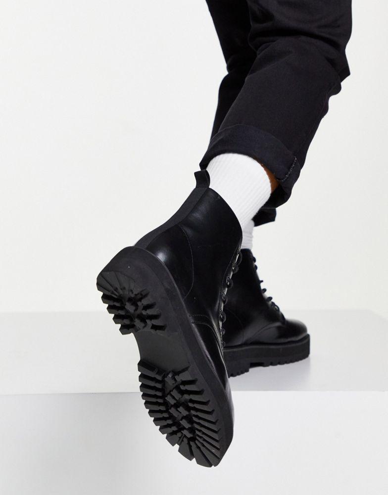 ASOS DESIGN lace up boot in black faux leather with raised chunky sole商品第2张图片规格展示