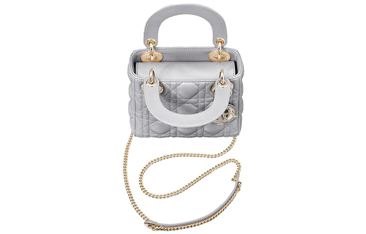 商品[国内直发] Dior|迪奥 Lady Dior 金扣藤格纹可拆卸链条三格 羊皮 戴妃包单肩包斜挎包手提包 迷你 女款 乳灰色,价格¥38679,第4张图片详细描述