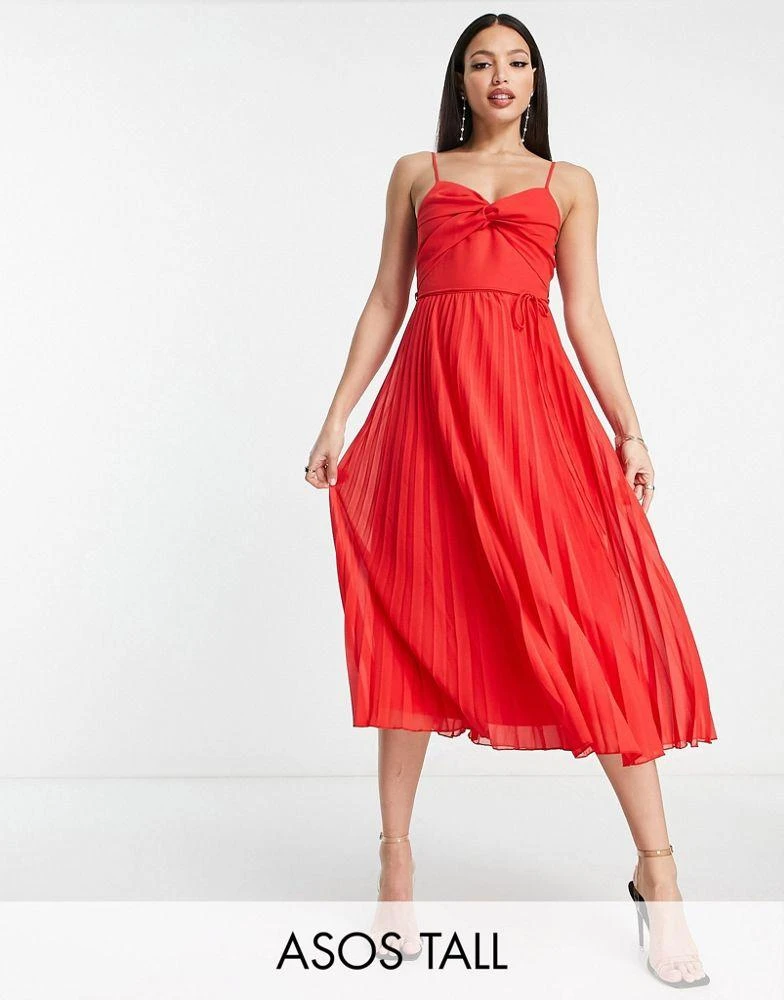 商品ASOS|ASOS DESIGN Tall twist front pleated cami midi dress with belt in red,价格¥134,第1张图片