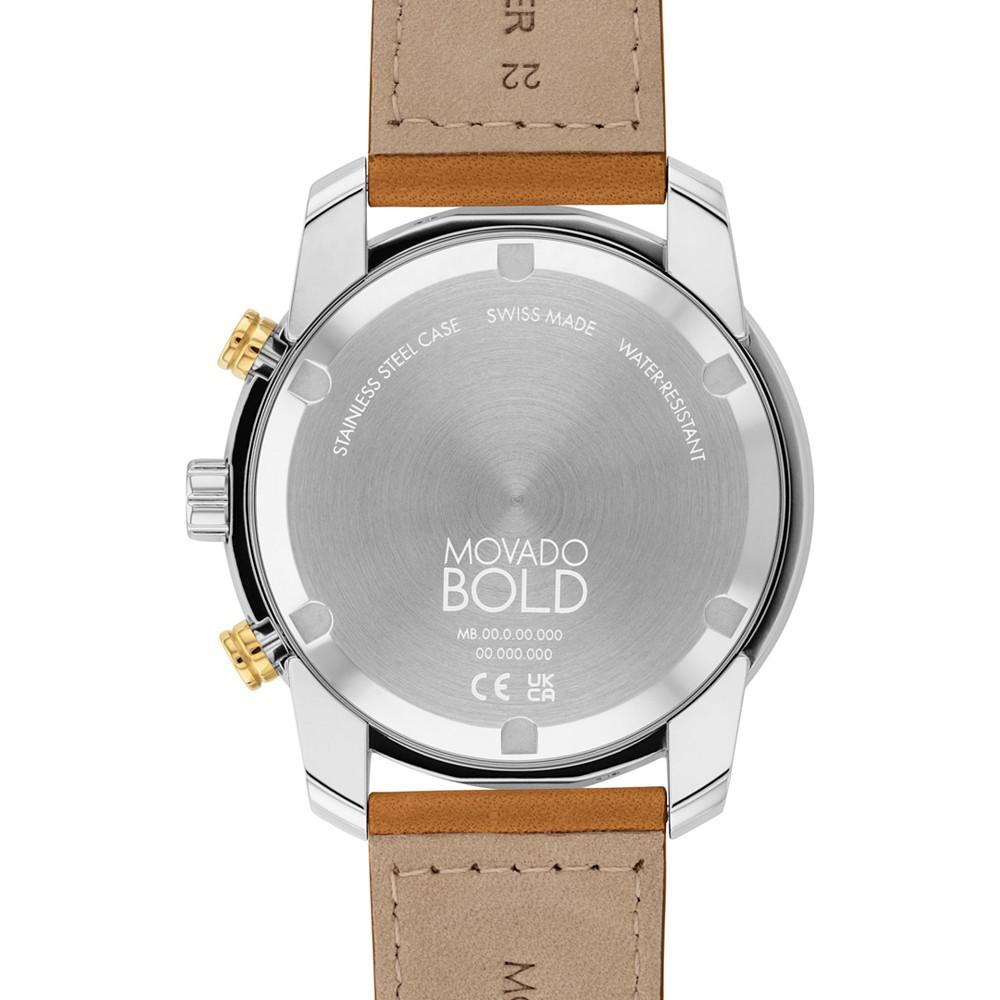 Men's Swiss Chronograph Bold Verso Brown Leather Strap Watch 44mm商品第3张图片规格展示