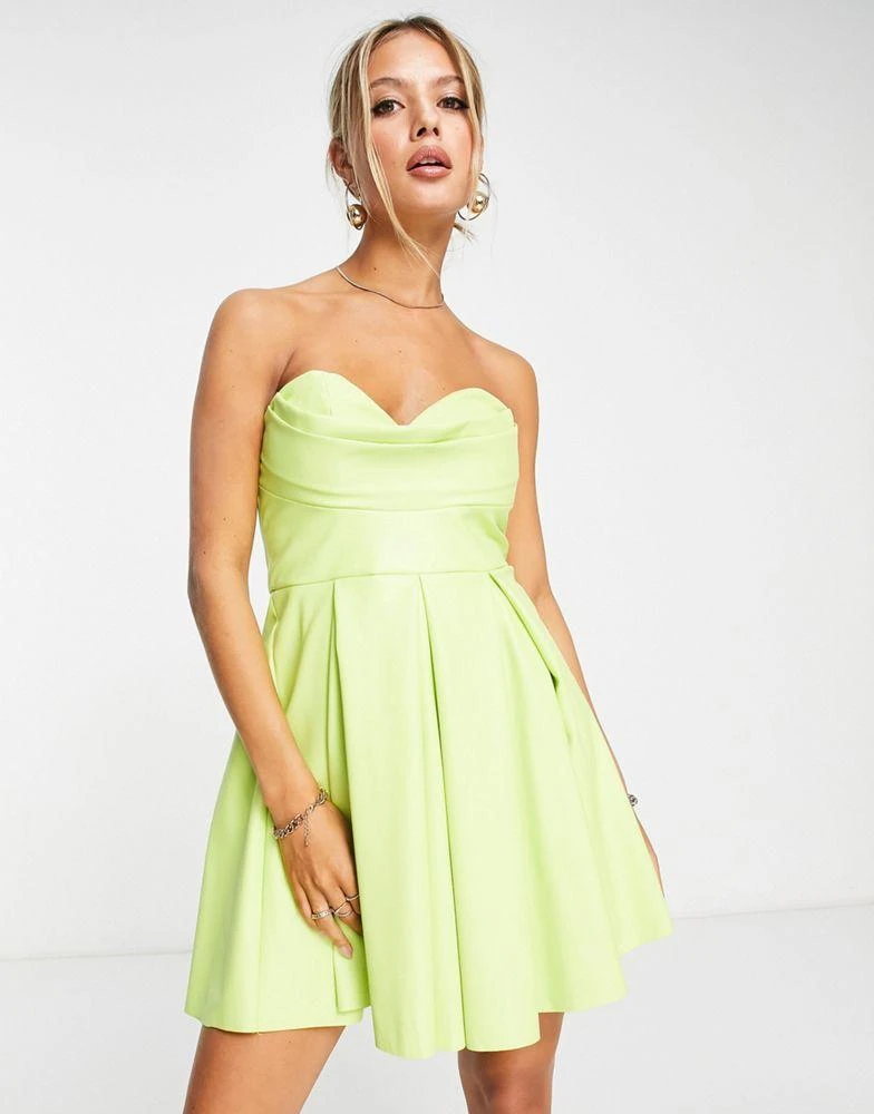 商品ASOS|ASOS DESIGN corset PU bandeau mini dress with pleat skirt in green,价格¥377,第4张图片详细描述