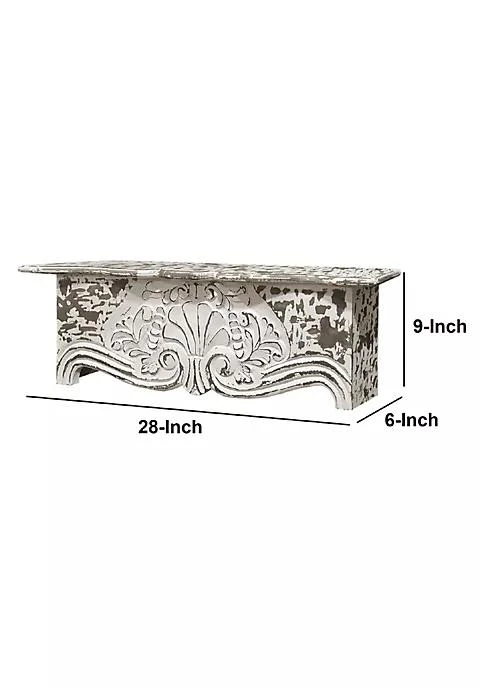 商品Duna Range|Range 28 Inch Handcrafted Floating Wall Shelf Ornate Carved Wood With Engraved Floral Details Distressed White,价格¥308,第5张图片详细描述