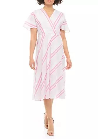 商品Sandra Darren|Darren Womens Short Sleeve Faux Wrap Striped Dress,价格¥206,第1张图片