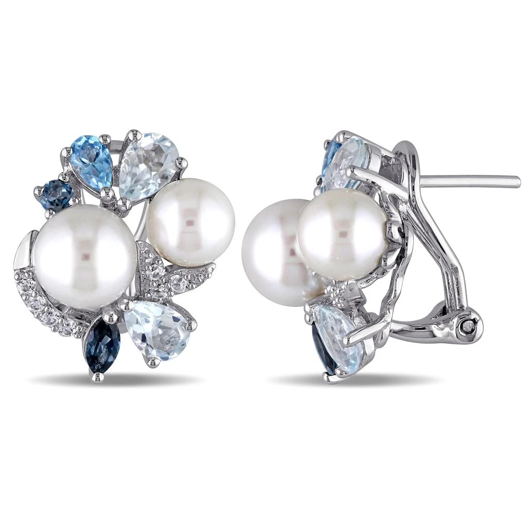 商品Mimi & Max|3 1/2 CT TGW Created White Sapphire, Multicolor BlueTopaz and White Cultured Freshwater Pearl Cluster Earrings in Sterling Silver,价格¥914,第1张图片