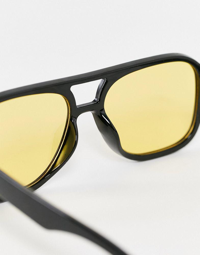ASOS DESIGN 70's Aviator sunglasses in black frame with yellow lens - BLACK商品第3张图片规格展示