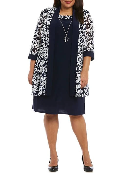 商品R & M Richards|M Richards Plus Size 2 Piece Printed Jacket Over Solid Shift Dress,价格¥584,第1张图片