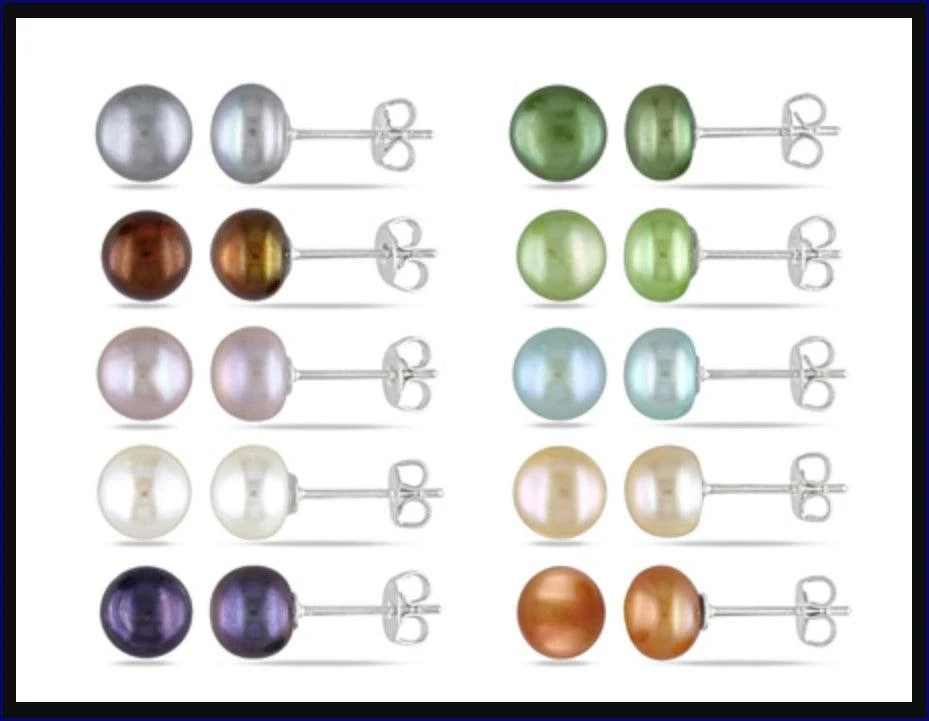 商品Mimi & Max|Mimi & Max Set of 10 Pairs of 7mm Button-Shaped Freshwater Cultured Pearl Stud Earrings in Sterling Silver,价格¥442,第1张图片