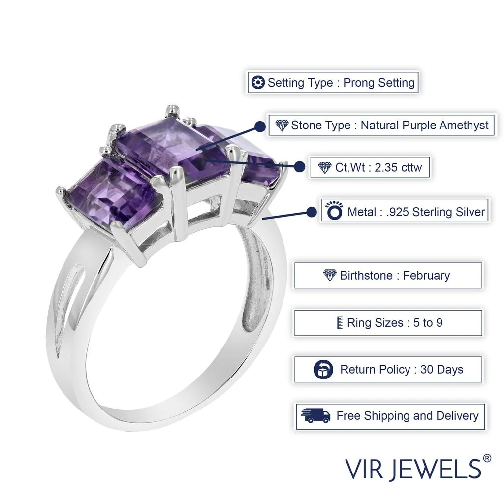 商品Vir Jewels|2.35 cttw 3 Stone Purple Amethyst Ring .925 Sterling Silver Rhodium Emerald,价格¥477,第5张图片详细描述