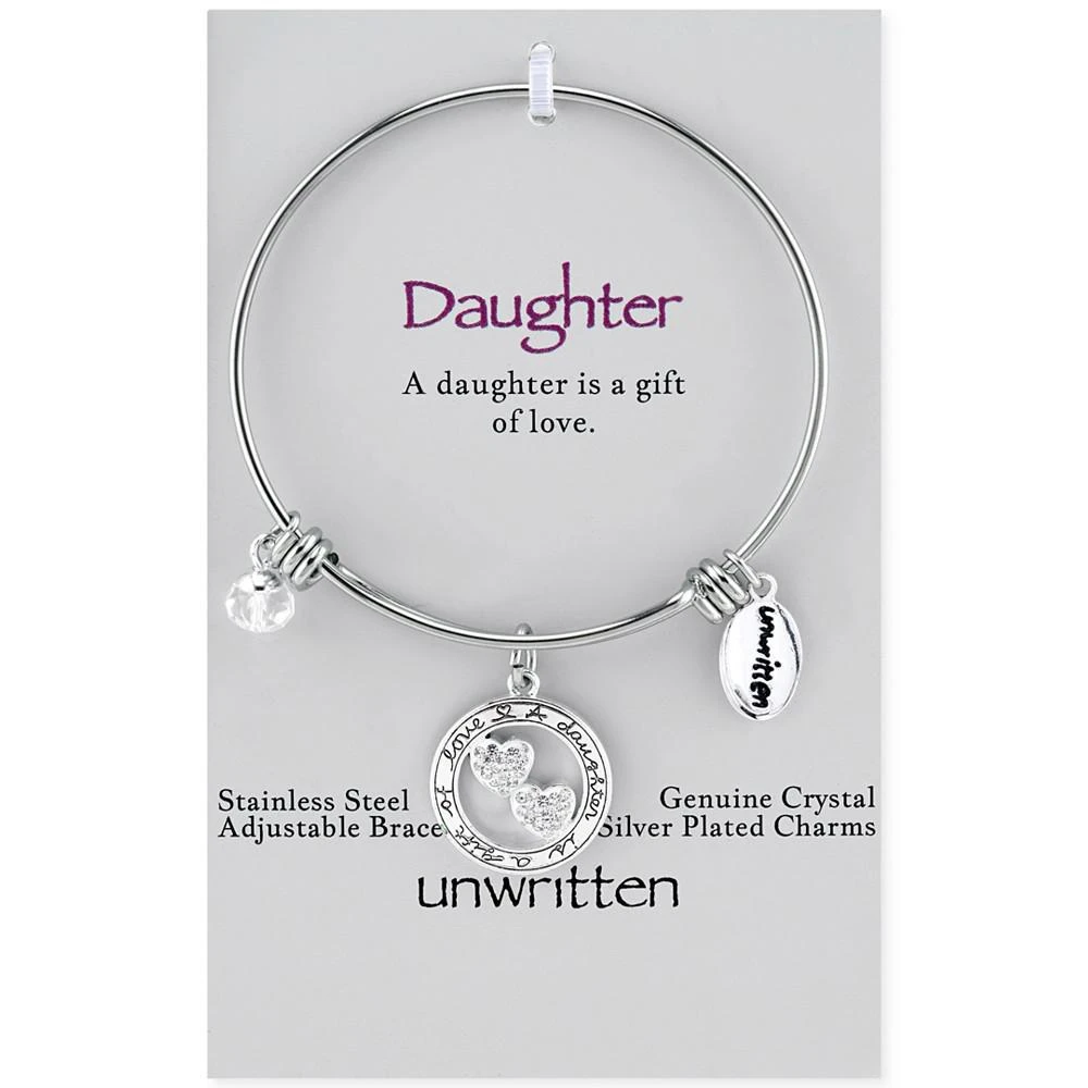 商品Unwritten|"A Daughter is a Gift of Love" Crystal Hearts Adjustable Bangle Bracelet in Stainless Steel & Silver Plate,价格¥105,第2张图片详细描述