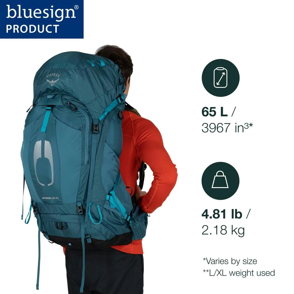商品Osprey|Osprey Atmos AG 65L Men's Backpacking Backpack, Black, L/XL,价格¥1980,第2张图片详细描述