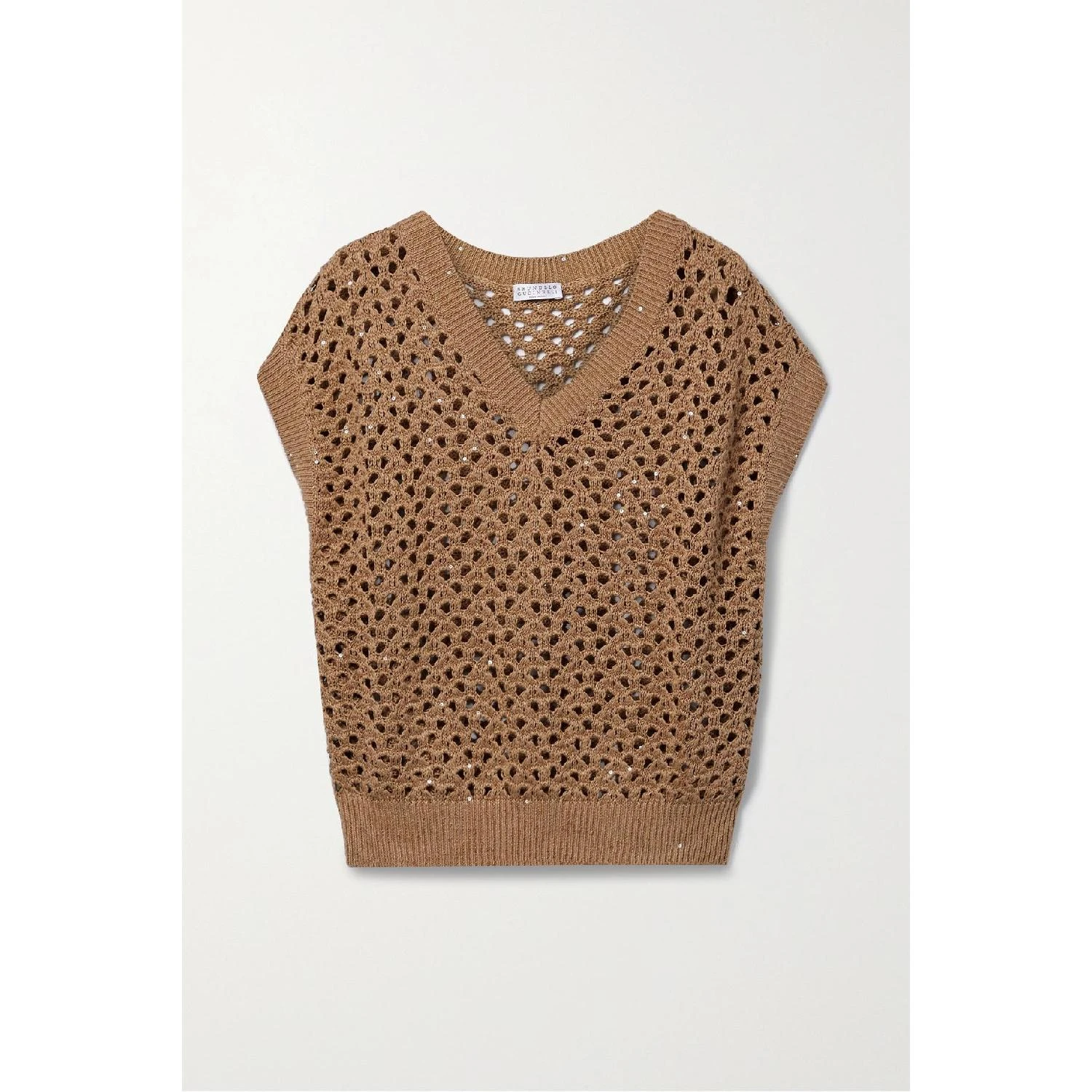 商品Brunello Cucinelli|包邮包税【预售7天发货】 BRUNELLO CUCINELLI 24春夏 女士 马甲 Dazzling Net 带缀饰镂空棉亚麻真丝混纺马甲 1647597303765901 M70572212C1917 ,价格¥8478,第1张图片