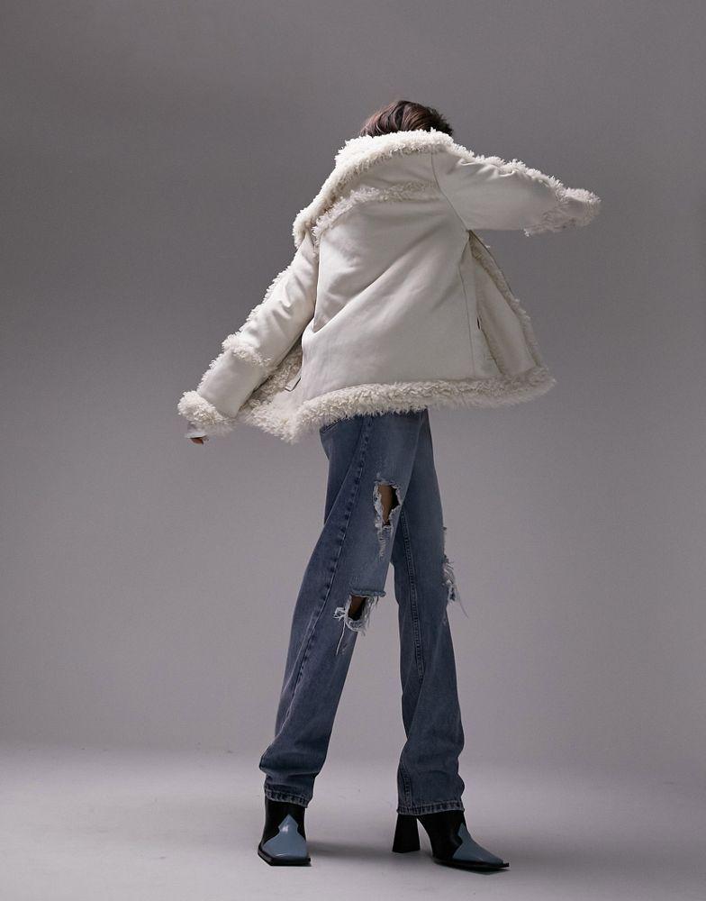 商品Topshop|Topshop faux leather mid length 70s style car coat in white,价格¥653,第4张图片详细描述