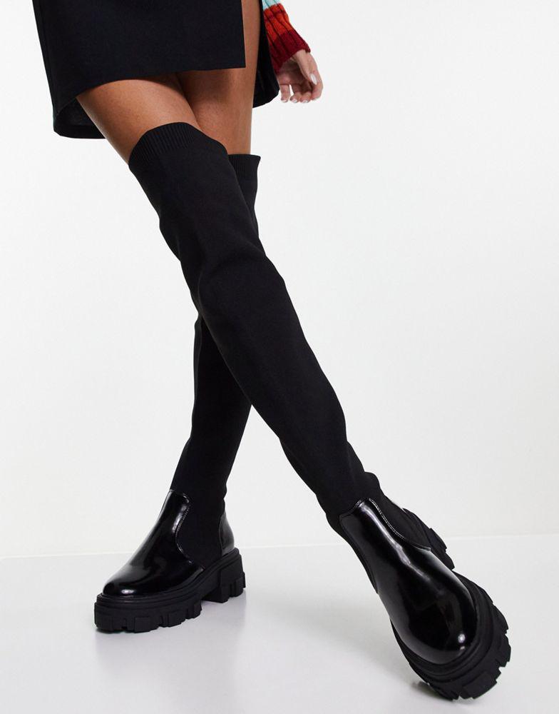 ASOS DESIGN Wide Fit Kimmy flat chunky over the knee boots in black商品第3张图片规格展示