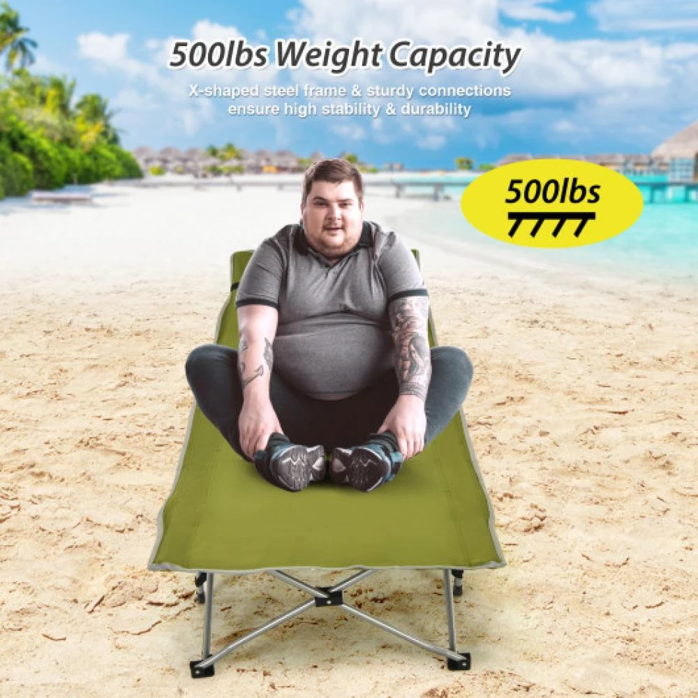 商品Hivvago|Folding Camping Cot with Side Storage Pocket Detachable Headrest-Green,价格¥442,第5张图片详细描述