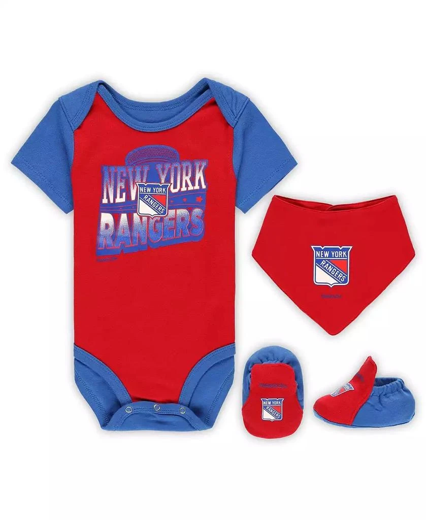 商品Mitchell & Ness|Baby Boys and Girls Red, Blue New York Rangers Big Score 3-Pack Bodysuit, Bib and Bootie Set,价格¥249,第1张图片