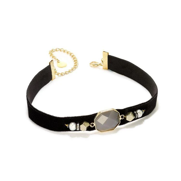 商品Paul & Pitü Naturally|Two-Tone Pavé, Imitation Pearl & Purple Stone Black Velvet Choker Necklace,价格¥561,第1张图片