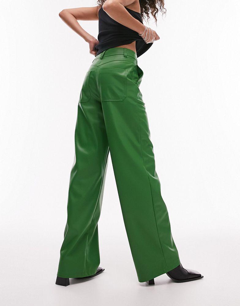 Topshop co-ord faux leather wide leg trouser in green商品第2张图片规格展示