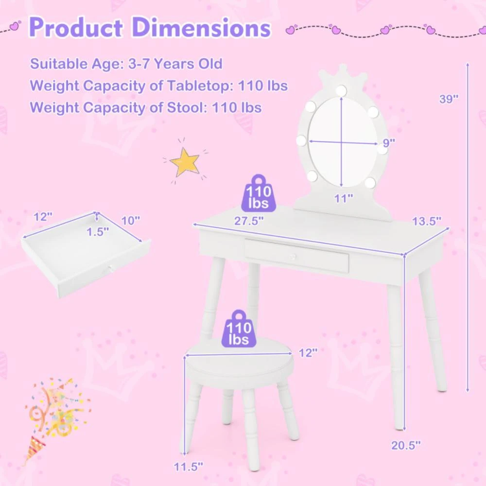 商品Hivvago|Kids Vanity Set with Lighted Mirror with Adjustable Brightness and Large Drawer-White,价格¥1664,第5张图片详细描述