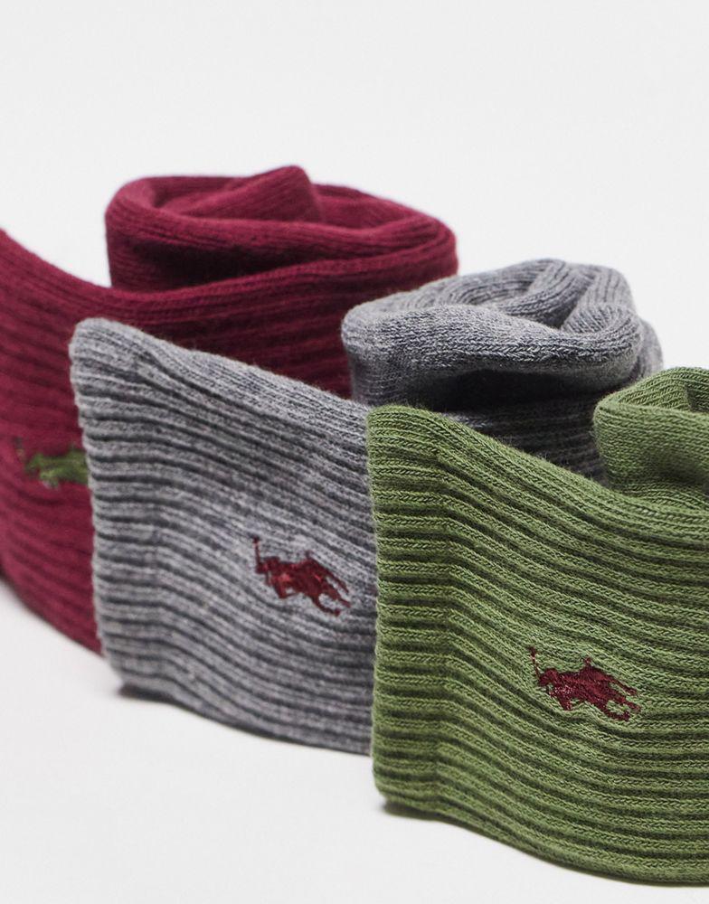 Polo Ralph Lauren 3 pack mercerized cotton socks in burgundy, grey and green with logo商品第4张图片规格展示