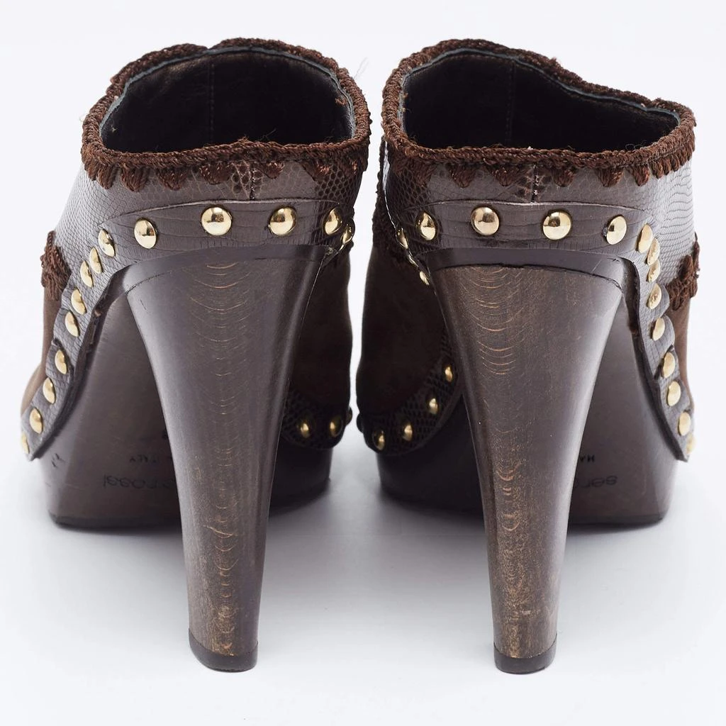 商品[二手商品] Sergio Rossi|Sergio Rossi Brown Lizard Embossed Leather and Suede Studded Platform Mules Size 38,价格¥1347,第5张图片详细描述