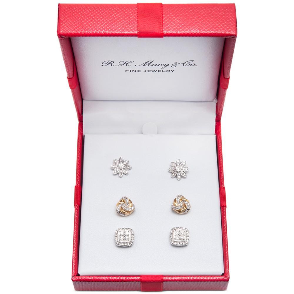 商品Macy's|3-Pc. Diamond Stud Earrings Set (1/4 ct. t.w.) in Sterling Silver & 14k Gold-Plate,价格¥726,第4张图片详细描述
