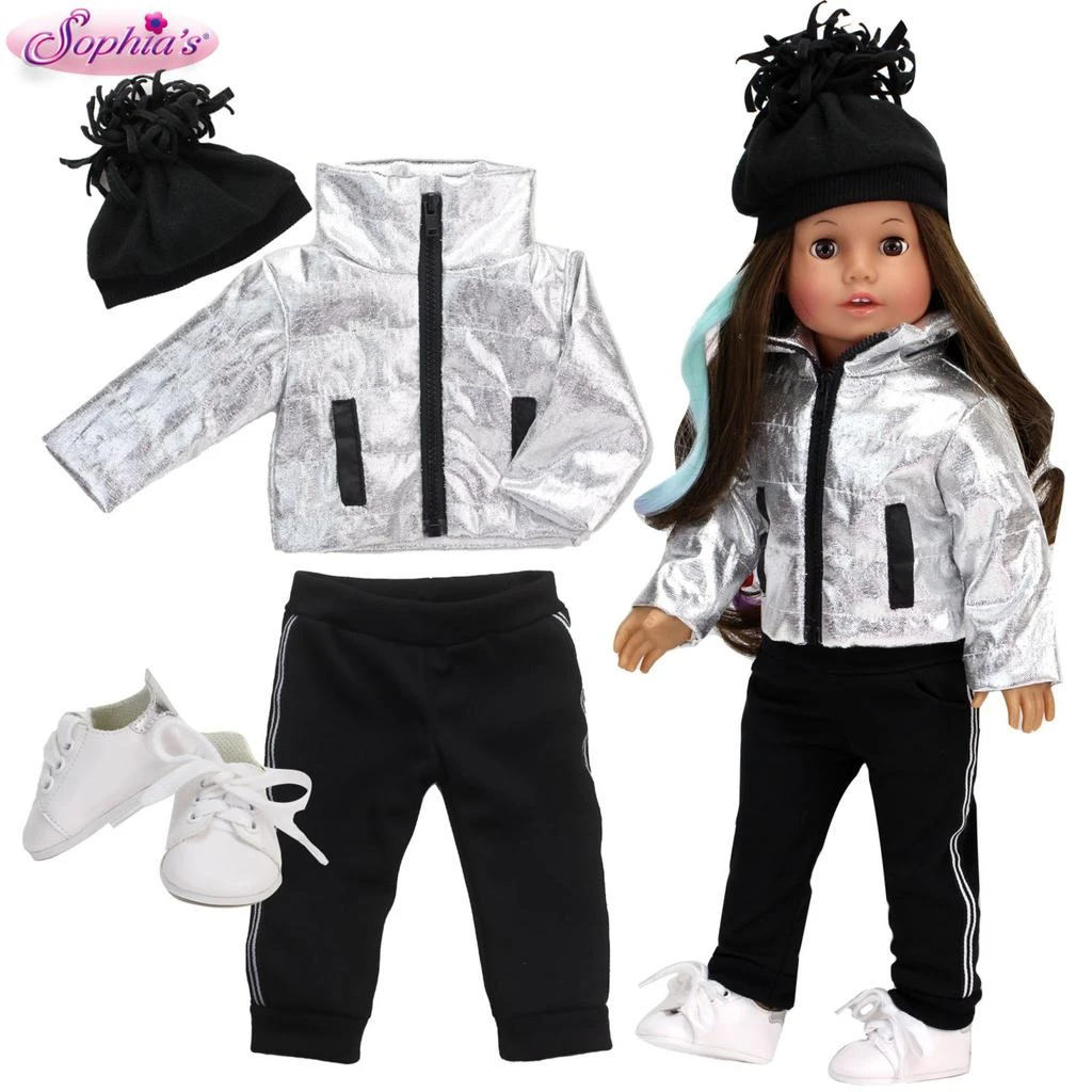 商品Teamson|Sophia’s Silver Metallic Jacket, Black Side Stripe Joggers, Sneakers, & Hat for 18” Dolls, Silver/Black,价格¥238,第2张图片详细描述