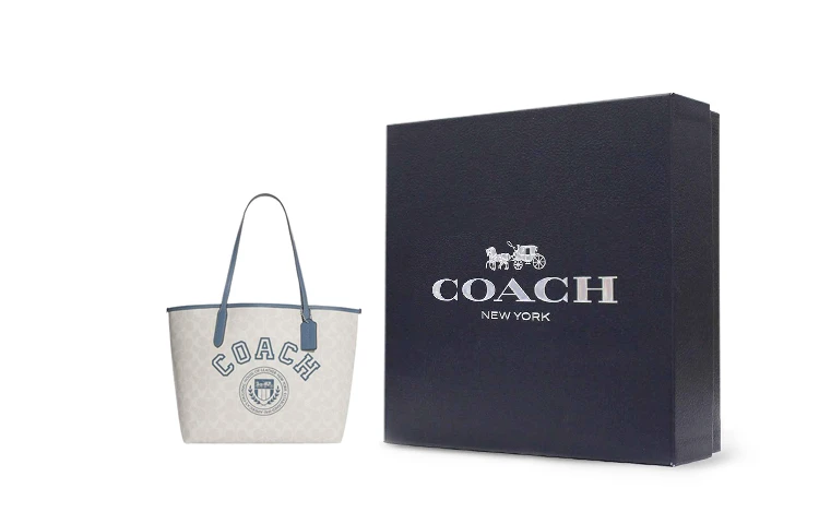 商品[国内直发] Coach|蔻驰 City 33 经典老花印花内置拉链 人造革 托特包Tote包购物袋单肩手提包 大号 女款 粉笔白色拼靛蓝色,价格¥1905,第6张图片详细描述