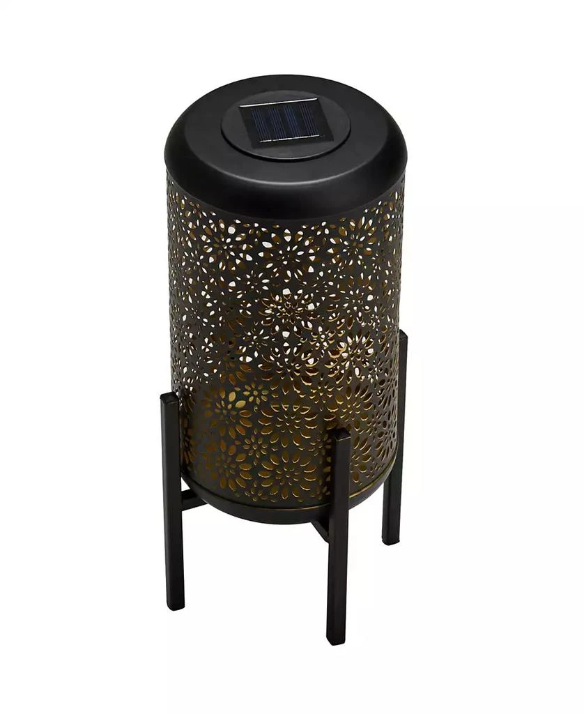 14.25" H Set of 2 Black and Gold-Tone Metal Cutout Flower Pattern Solar Powered LED Outdoor Lantern with Stand 商品