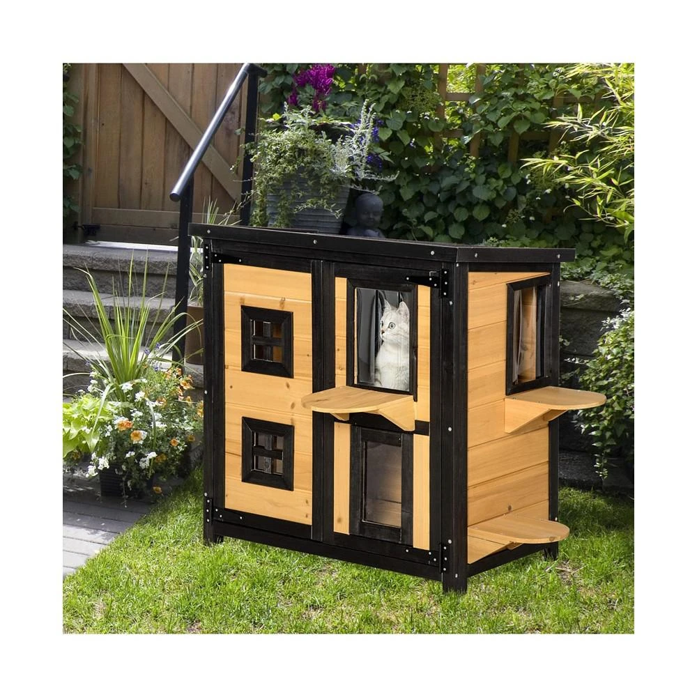 商品PawHut|Outdoor Wood Cat House Shelter Condo w/ Windows Escape Door, Yellow,价格¥1105,第3张图片详细描述