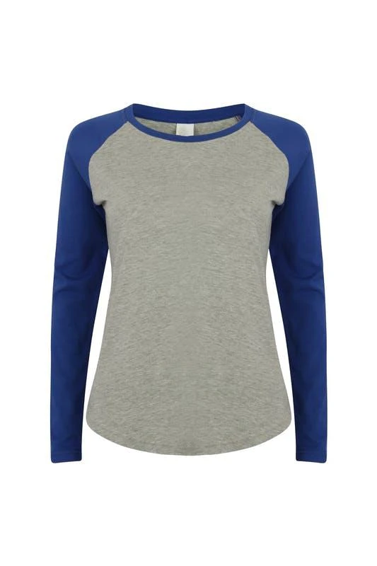 商品Skinni Fit|Skinnifit Womens/Ladies Long Sleeve Baseball T-Shirt (Heather Gray / Royal),价格¥137,第1张图片