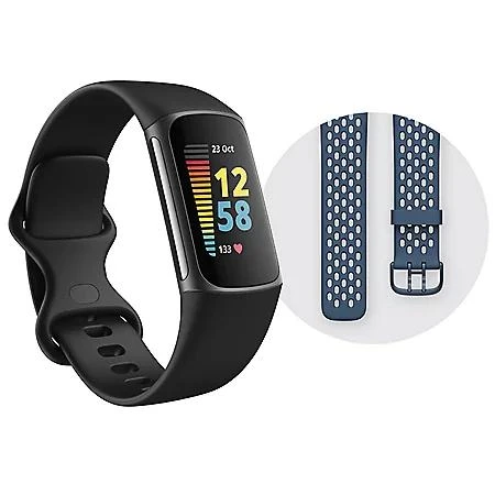 商品Fitbit|Fitbit Charge 5 Advanced Fitness and Health Tracker with Built-in GPS, Stress Management Tools and 24/7 Heart Rate Bundle, Black, One Size (Bonus Band Included),价格¥1159,第1张图片