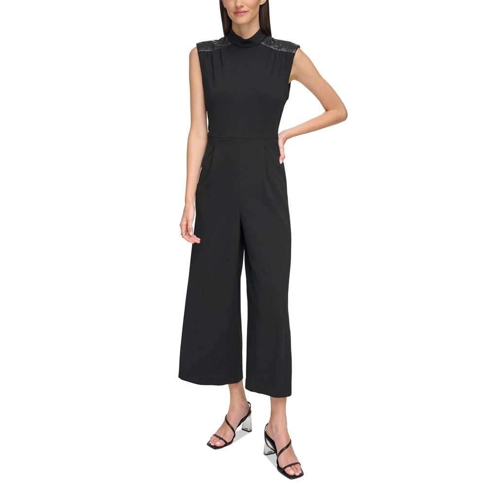 商品Calvin Klein|Women's Faux-Leather-Trim Jumpsuit,价格¥376,第1张图片