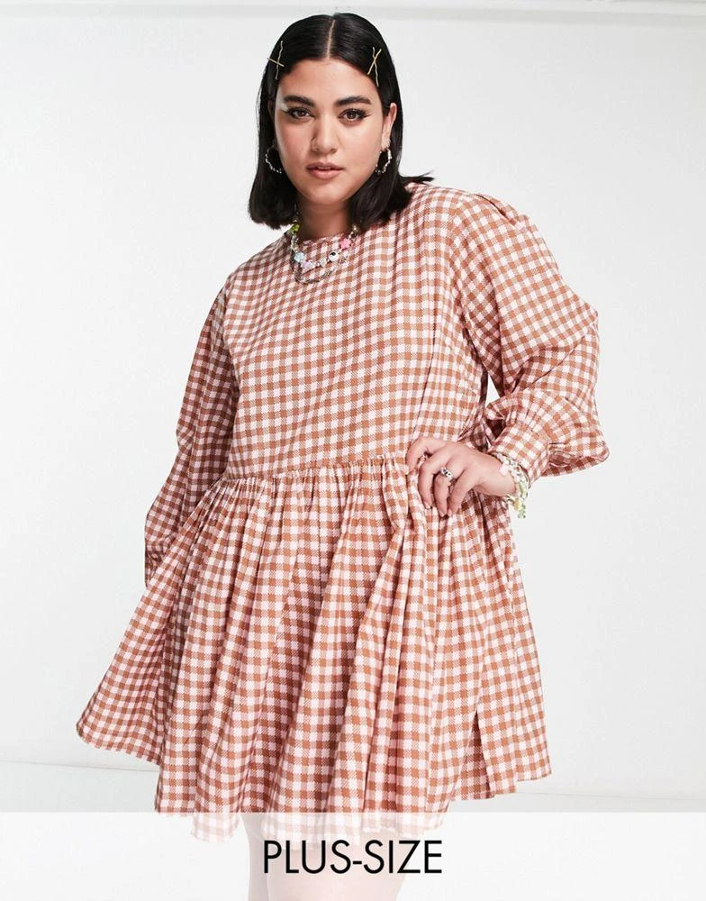 商品Daisy Street|Daisy Street Plus mini smock dress in micro pink brown check,价格¥223,第1张图片