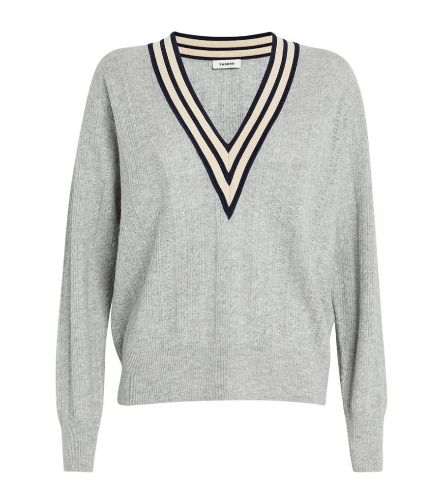 商品Sandro|Stripe-Trim Cable-Knit Sweater,价格¥2363,第1张图片