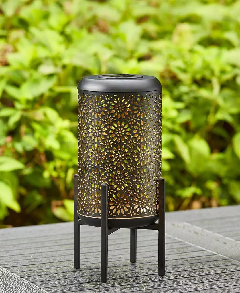 14.25" H Black and Gold-Tone Metal Cutout Flower Pattern Solar Powered LED Outdoor Lantern with Stand 商品