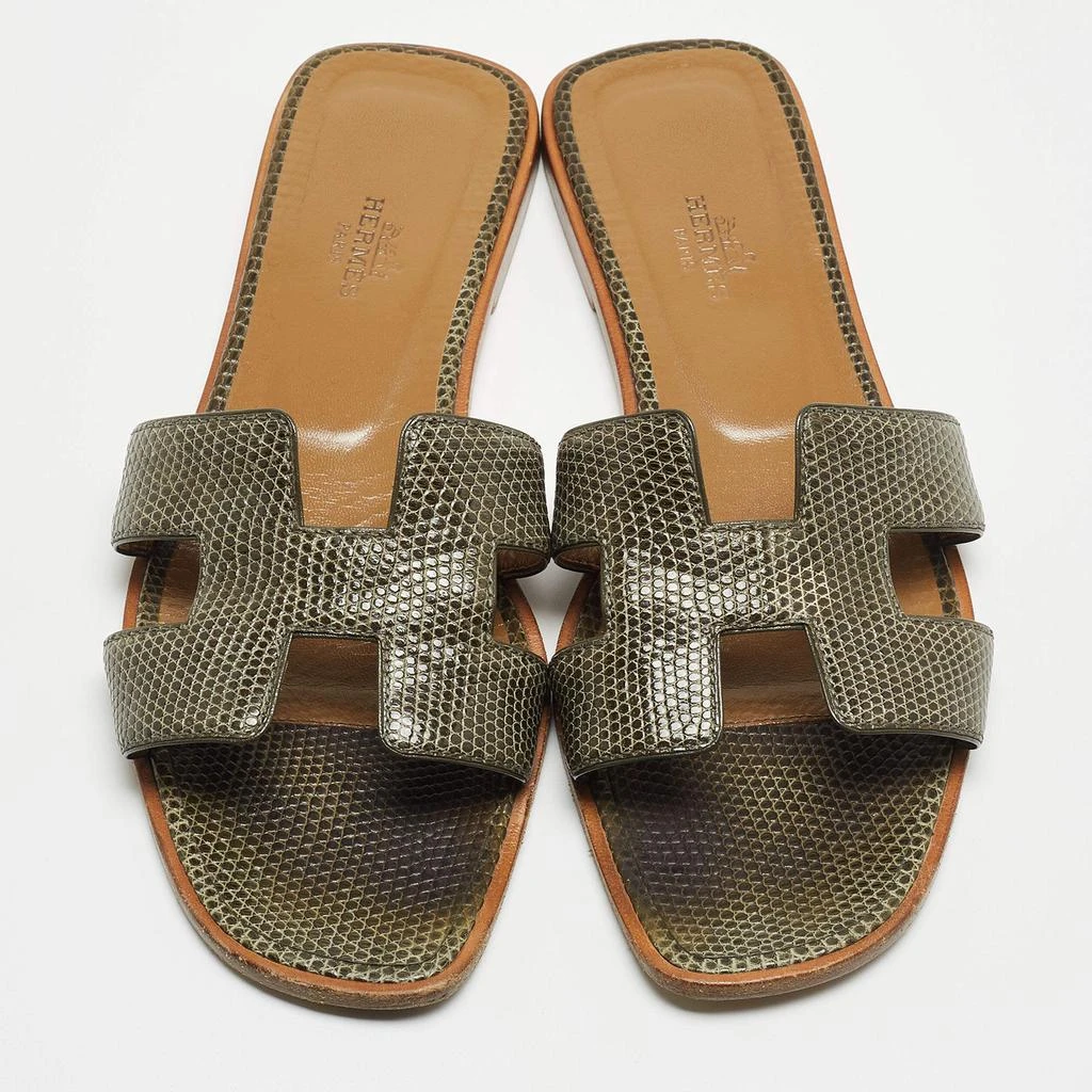 商品[二手商品] Hermes|Hermes Green Lizard Leather Oran Flat Slides Size 38,价格¥6626,第3张图片详细描述