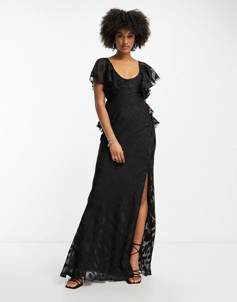 商品ASOS|ASOS DESIGN Tall satin spot flutter sleeve maxi dress with open back in black,价格¥324,第2张图片详细描述