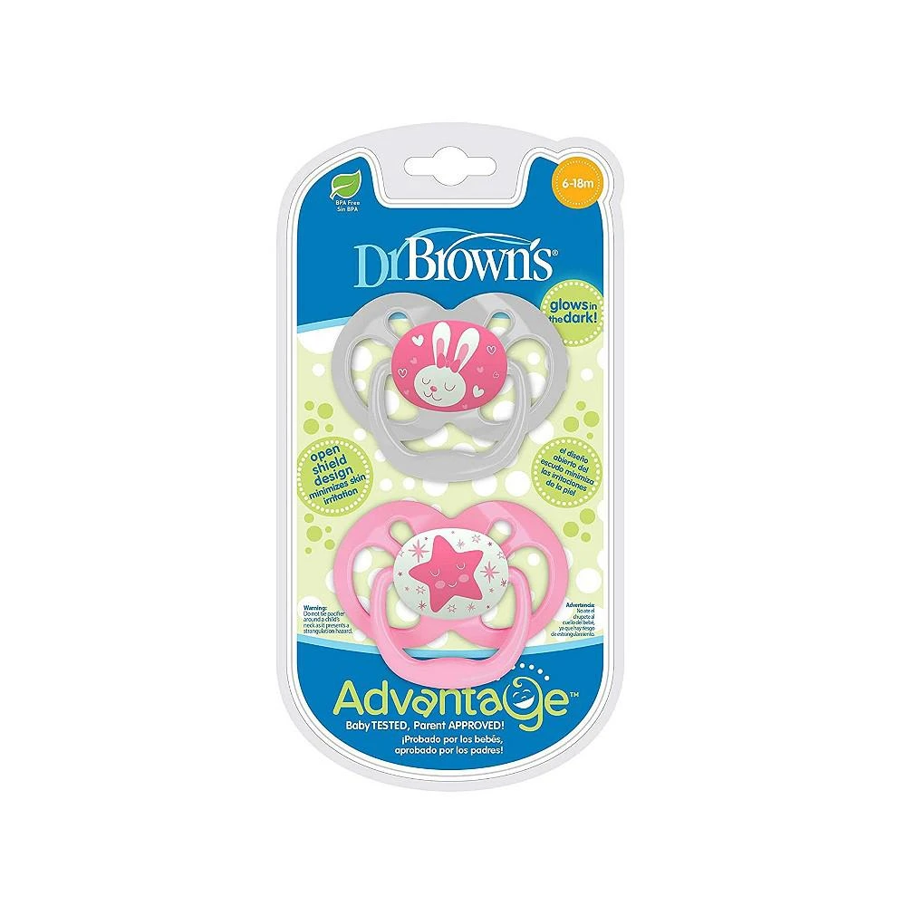 商品Dr. Browns|Advantage Symmetrical Pacifier, Pink, Glow-in-the-Dark, 2 Pack, 6-18m,价格¥112,第3张图片详细描述