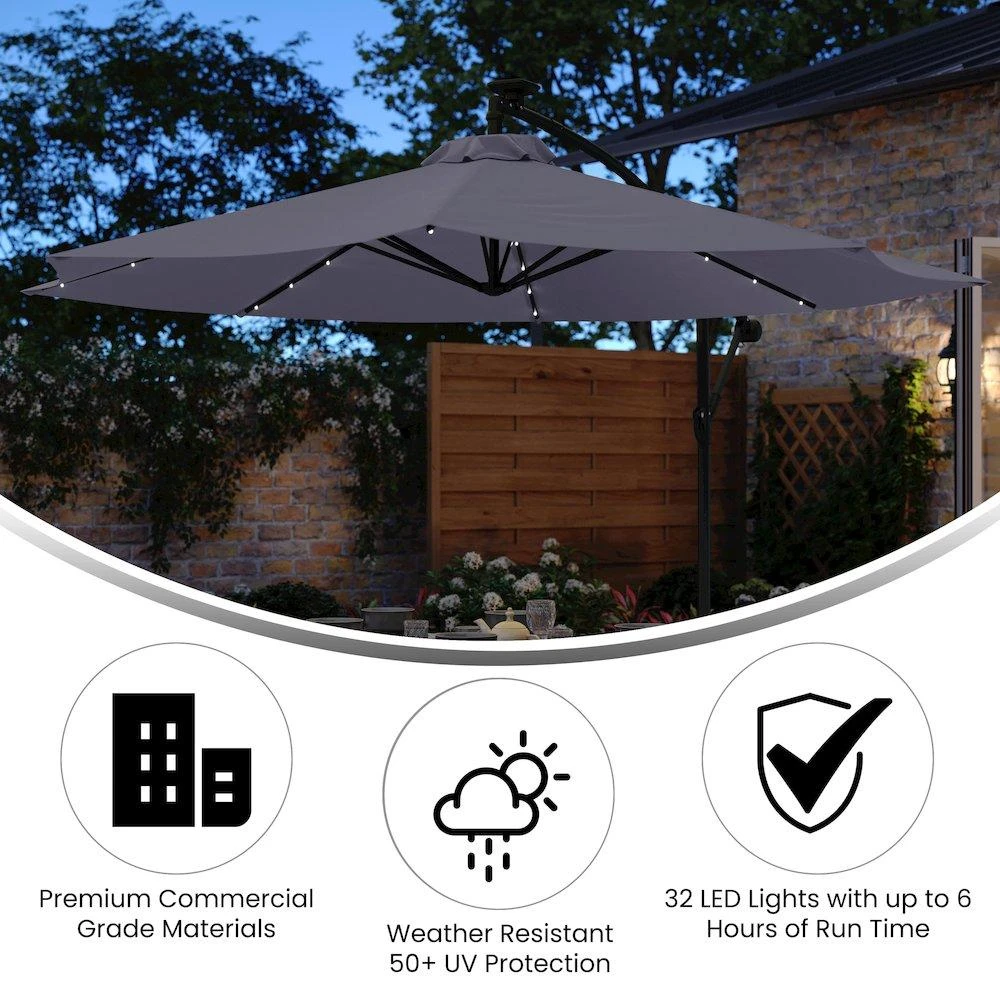 商品Flash Furniture|Commercial Grade 10 ft Round Solar LED Patio Cantilever Umbrella, Gray,价格¥2293,第4张图片详细描述