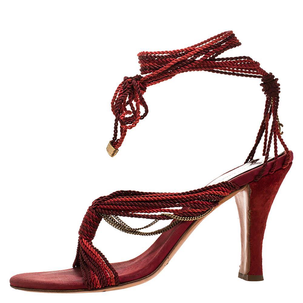 商品[二手商品] Chanel|Chanel Two Tone Rope Metal Chain Embellished CC Tie Up Sandals Size 41,价格¥3918,第4张图片详细描述