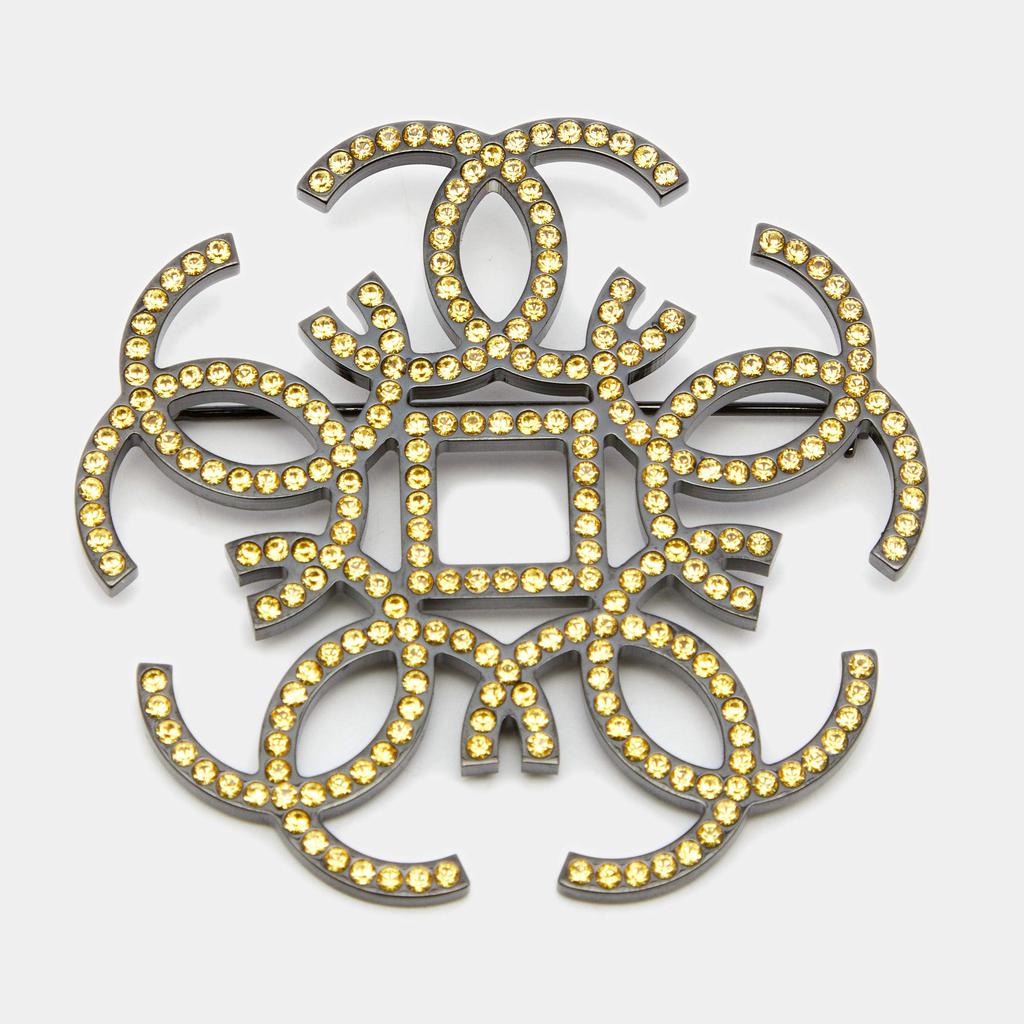 Chanel CC Yellow Crystal Embellished Black Tone Pin Brooch商品第1张图片规格展示