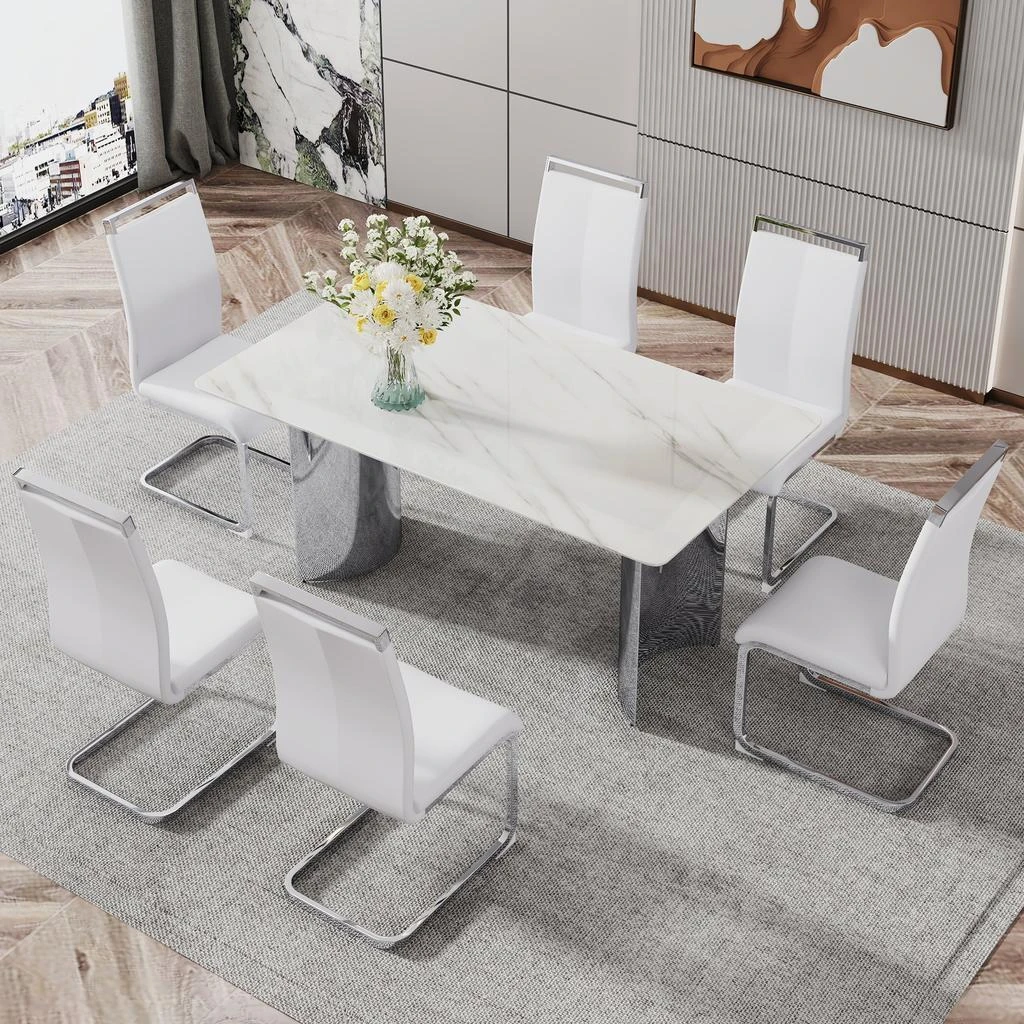 商品Streamdale Furniture|Streamdale Modern minimalist dining table. Imitation marble glass sticker desktop,价格¥13488,第1张图片