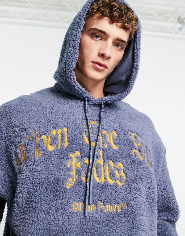 ASOS Dark Future oversized hoodie in teddy borg with gothic slogan embroidery in slate blue商品第3张图片规格展示