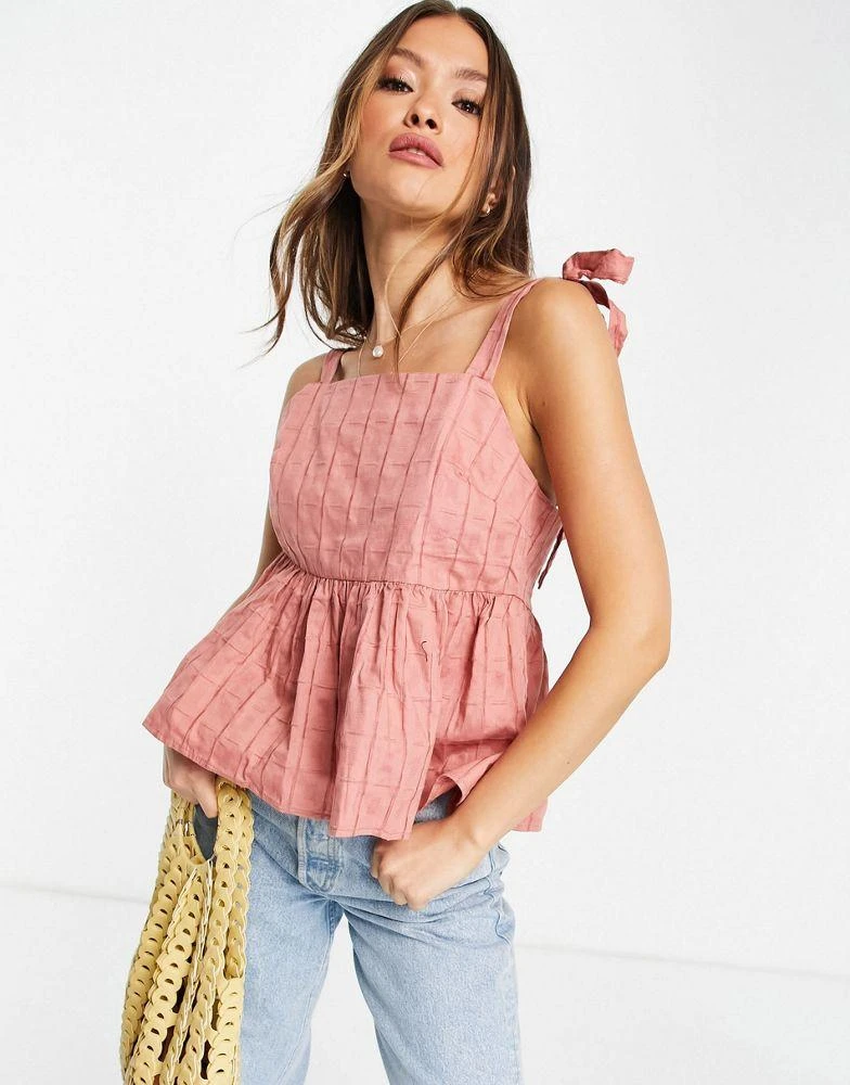 商品ASOS|ASOS DESIGN square neck smock sun top with tie straps in textured grid in rose,价格¥88,第1张图片