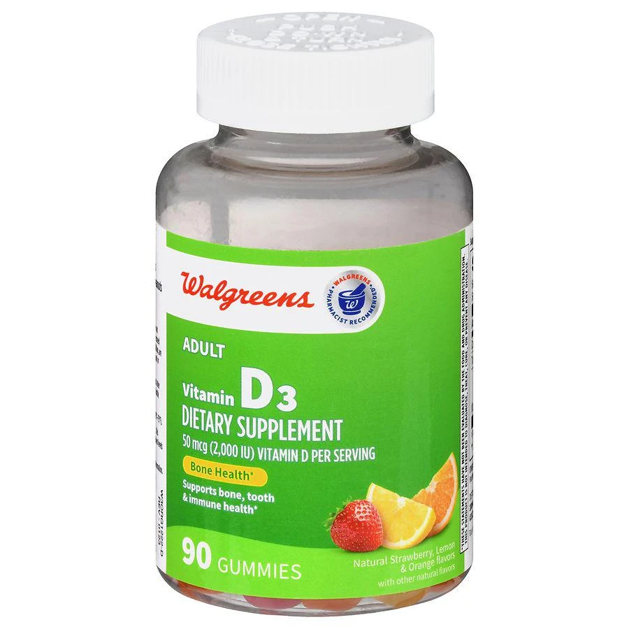 商品Walgreens|Adult Vitamin D3 50 mcg (2,000 IU) Gummies Natural Strawberry, Lemon & Orange,价格¥74,第1张图片