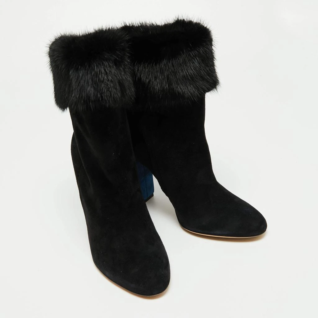 商品Salvatore Ferragamo|Salvatore Ferragamo Black Suede And Fur Trim Color Block Heel Loris Ankle Boots Size 40,价格¥5574,第4张图片详细描述